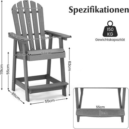 Adirondack Tuinstoel – Buitenstoel – Balkonstoel – Tuinstoel Met Voetsteun – Armleuningstoel – Weerbestendig HDPE – Comfortabele Hoge Rugleuning – Grijs