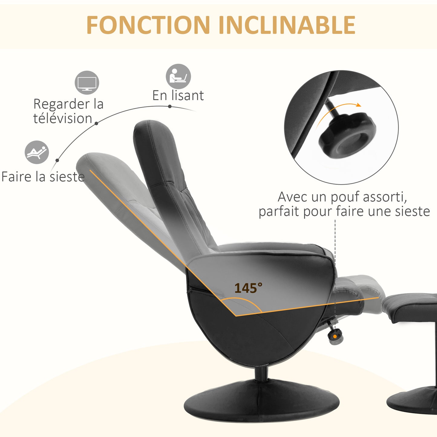 tv-fauteuil – relaxstoel – loungestoel – draaifauteuil – zithoekstoel – verstelbare rugleuning tot 145° – 360° draaibaar metalen frame