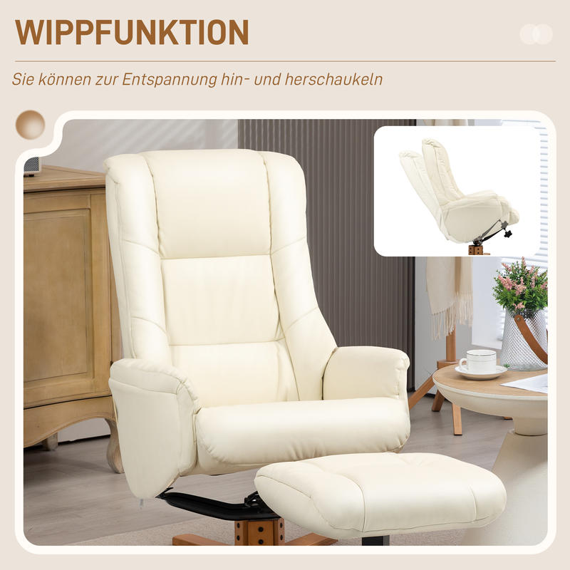 Relaxfauteuil – Relaxstoel – Fauteuil – Ligstoel – TV-stoel – Verstelbare Rugleuning – Kunstleer Crème Wit – Max. 150 kg – Compact 71x84x102 cm