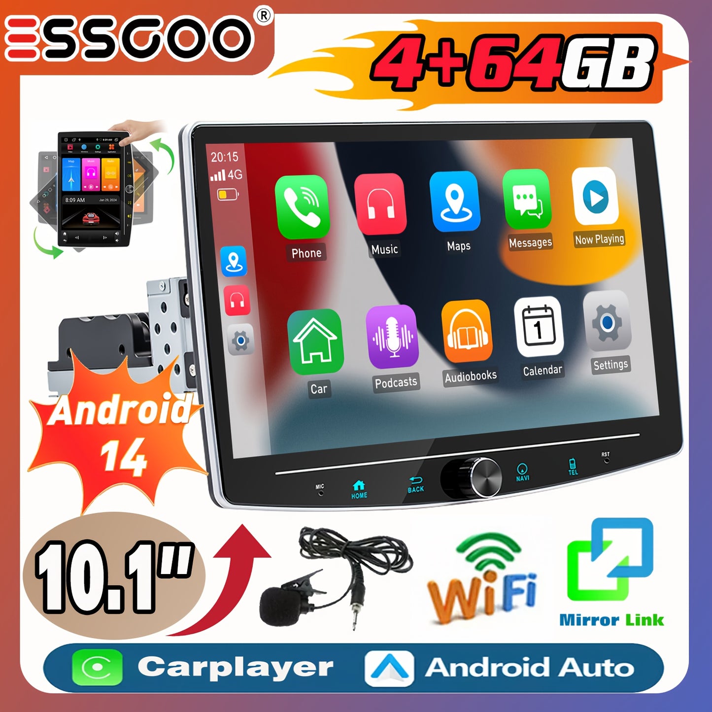 10,1 Inch Autoradio – Car Stereo – Multimedia Speler – Android Radio – Single DIN Radio – Draaibaar IPS Scherm – 4GB RAM + 64GB Opslag – Android Auto & Draadloze CarPlay