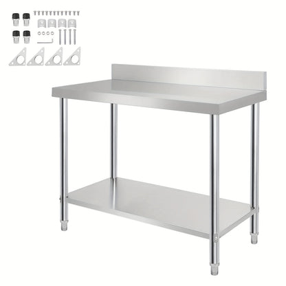 Stainless Steel Work Table, Stainless Steel Table With Adjustable Feet Gastro Table Preparation Table Kitchen Furniture For Restaurant Silver With Upstand