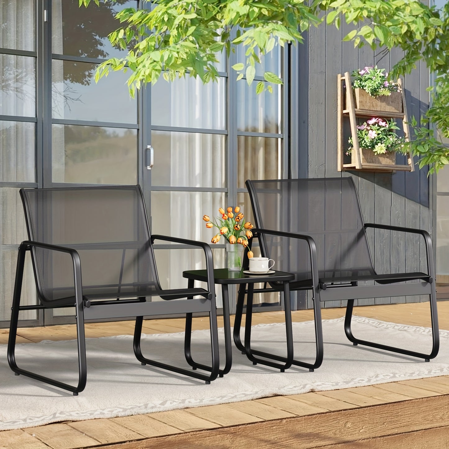 3-Delige Tuinset – Bistroset – Balkonset – Tuinmeubelset – Terrasset – Metalen Frame – Glas Tafelblad – Comfortabele Gebogen Rugleuning – Ademend Teslin Bekleding – Zwart