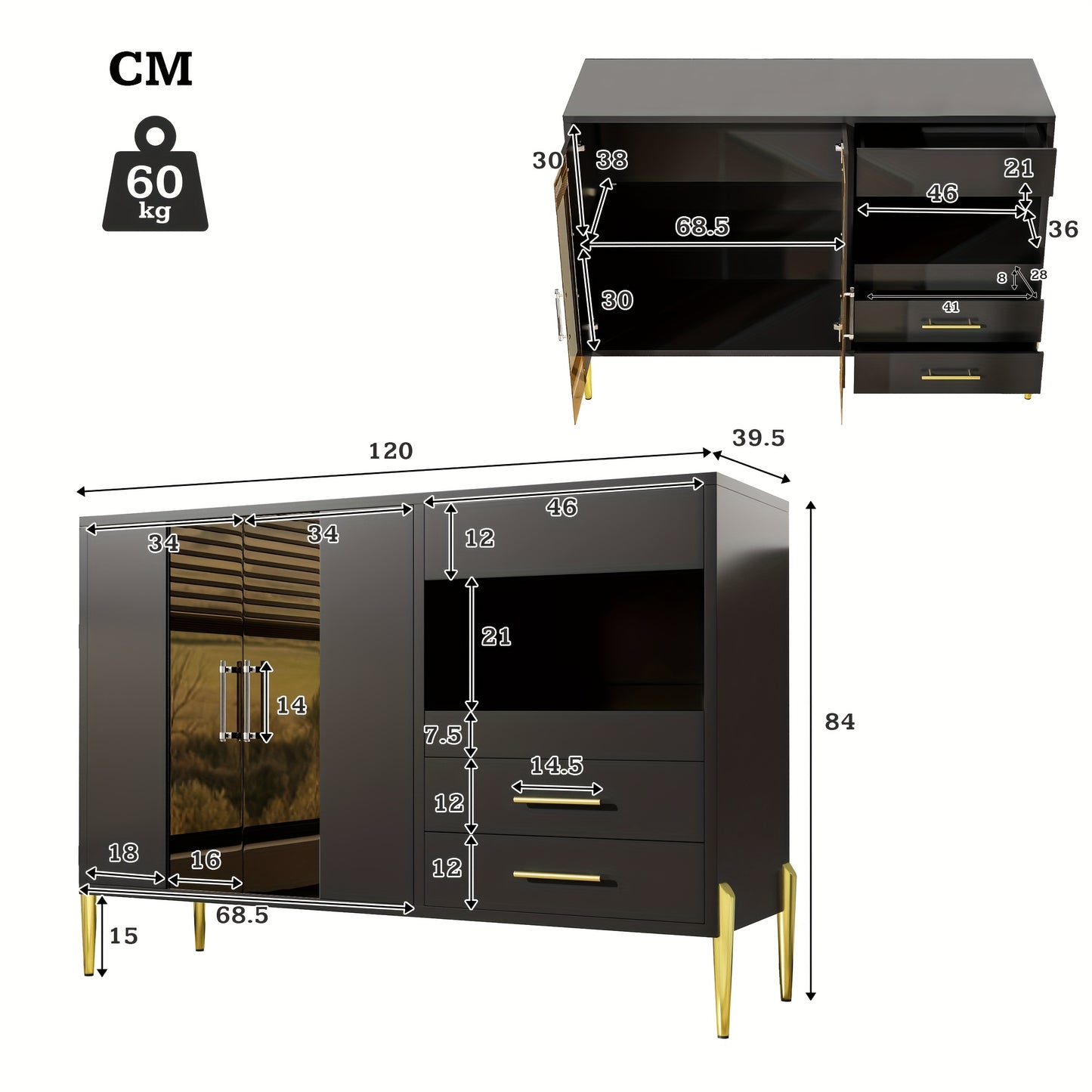 Dressoir – Sideboard – Opbergkast – Ladekast – Buffetkast – Zwart – 120 cm – Met Glazen Deuren En 3 Lades – Verstelbare Legplanken