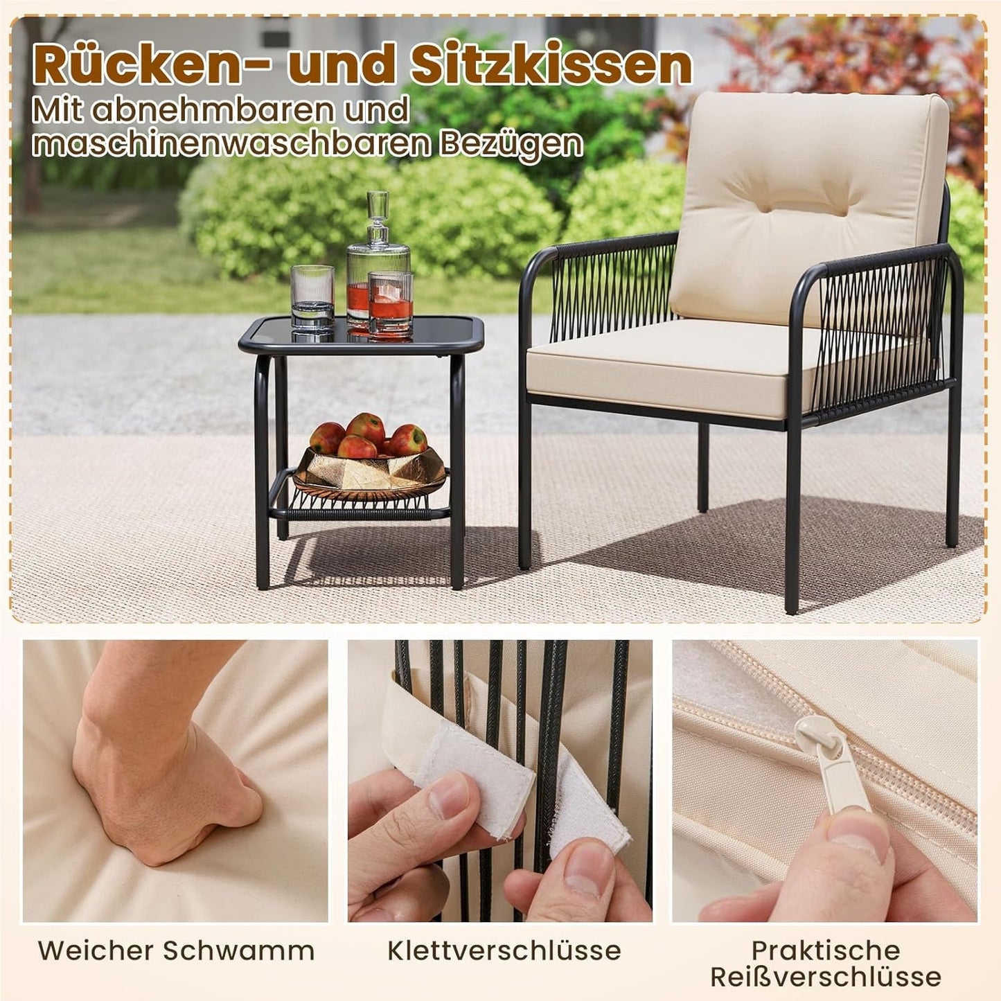 Rattan Tuinmeubel Set – Balkonset – Balkon Meubels – Tuinmeubels – Terras Meubel – 3-delig Met Kussens – Weerbestendig PE Rattan – Tempered Glas Tafel
