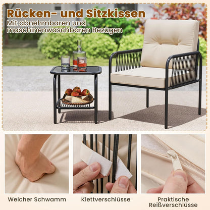 Rattan Tuinmeubel Set – Balkonset – Balkon Meubels – Tuinmeubels – Terras Meubel – 3-delig Met Kussens – Weerbestendig PE Rattan – Tempered Glas Tafel
