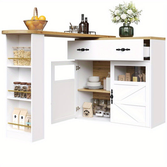 Uitklapbare Bartafel – Bar Tafel – Statafel – Keukeneiland – Bistrotafel – Uitbreidbaar – 360° Draaibaar Tafelblad – Wit Met Houtlook – Ruimtebesparend Met Opbergruimte