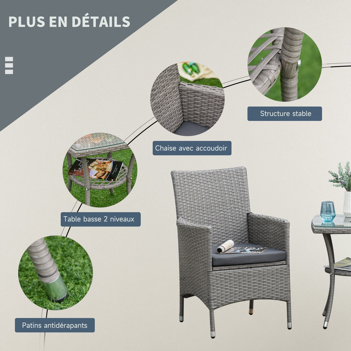 Bistro Set 2-Zits – Tuinset – Loungeset – Balkonmeubilair – Zitgroep – Wicker Rattan – Grijze Kussens – Temperglas Tafel