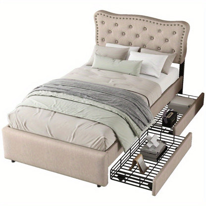 Gestoffeerd Bed – Boxspringbed – Slaapbank – Bedframe – Ledikant – 90x200 cm – Padded Hoofdbord Met Decoratieve Spijkers – Moderne Opberglades Donker Beige