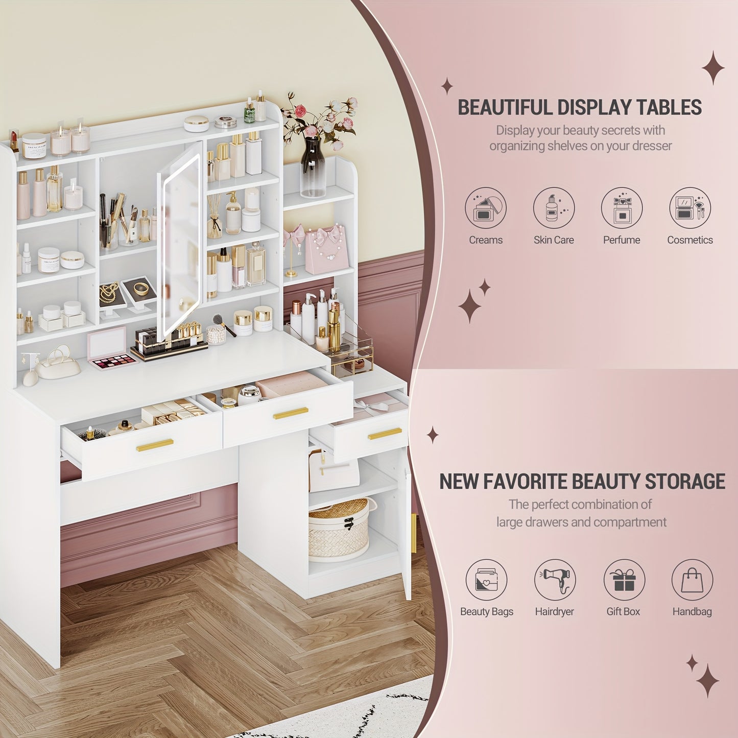 Kaptafel – Make-up Tafel – Cosmeticatafel – Vanity Tafel – Opmaaktafel – Met Spiegel en LED-Verlichting – Ruim Opbergmeubel 130x40x149 cm – MDF en Spaanplaat