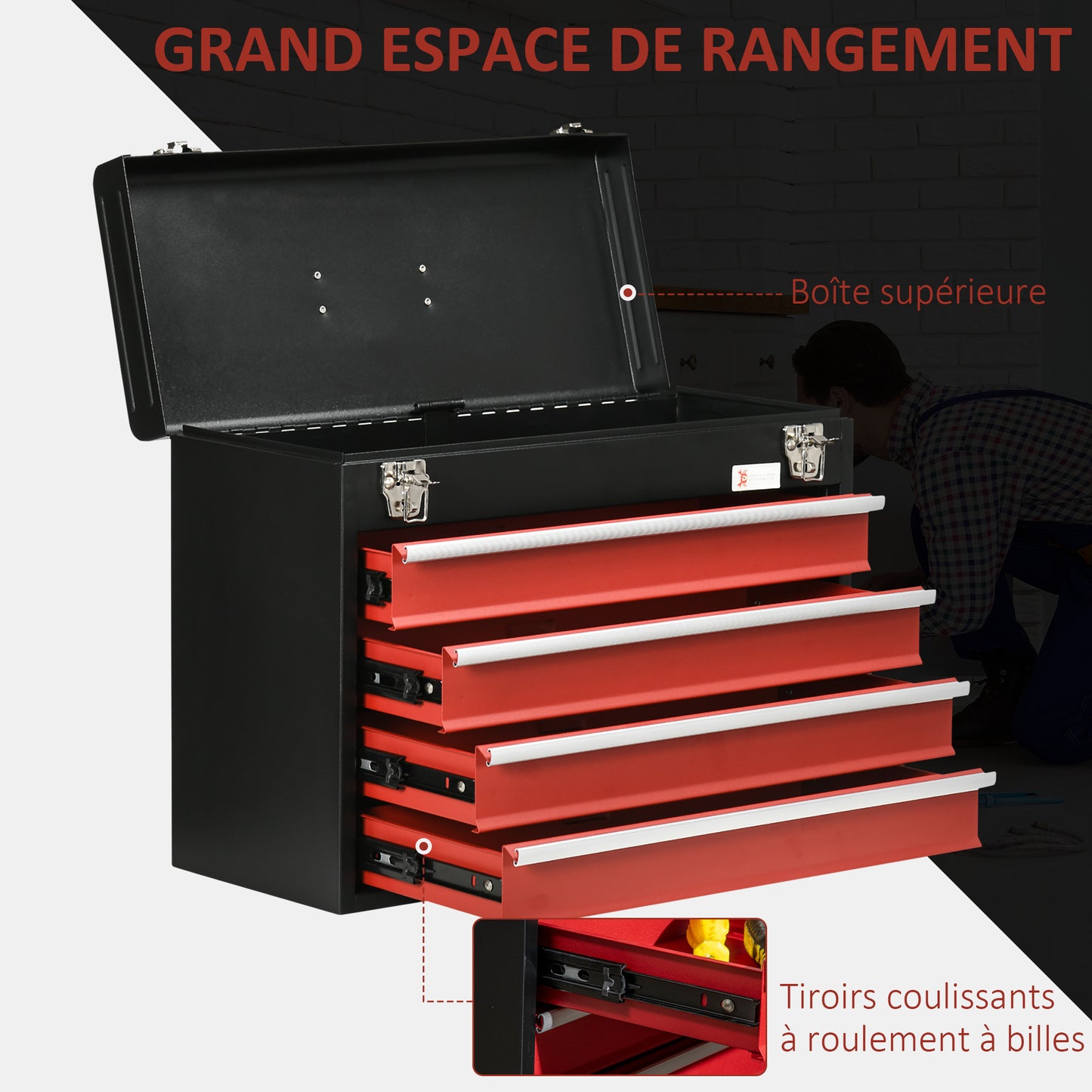 Metal Gereedschapskist – Toolbox – Opbergbox – Werkplaatskist – Toolbox Met Lade – Zwart Stalen Materiaal – 4 Laden + Bovenschaal – Compact 51x22x39,5 cm