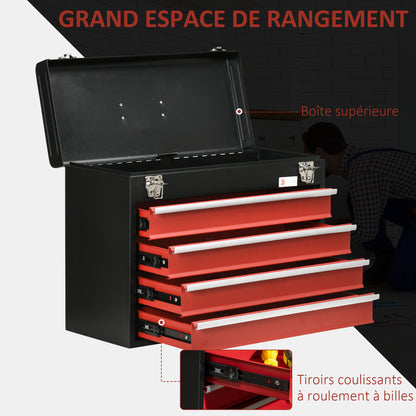Metal Gereedschapskist – Toolbox – Opbergbox – Werkplaatskist – Toolbox Met Lade – Zwart Stalen Materiaal – 4 Laden + Bovenschaal – Compact 51x22x39,5 cm
