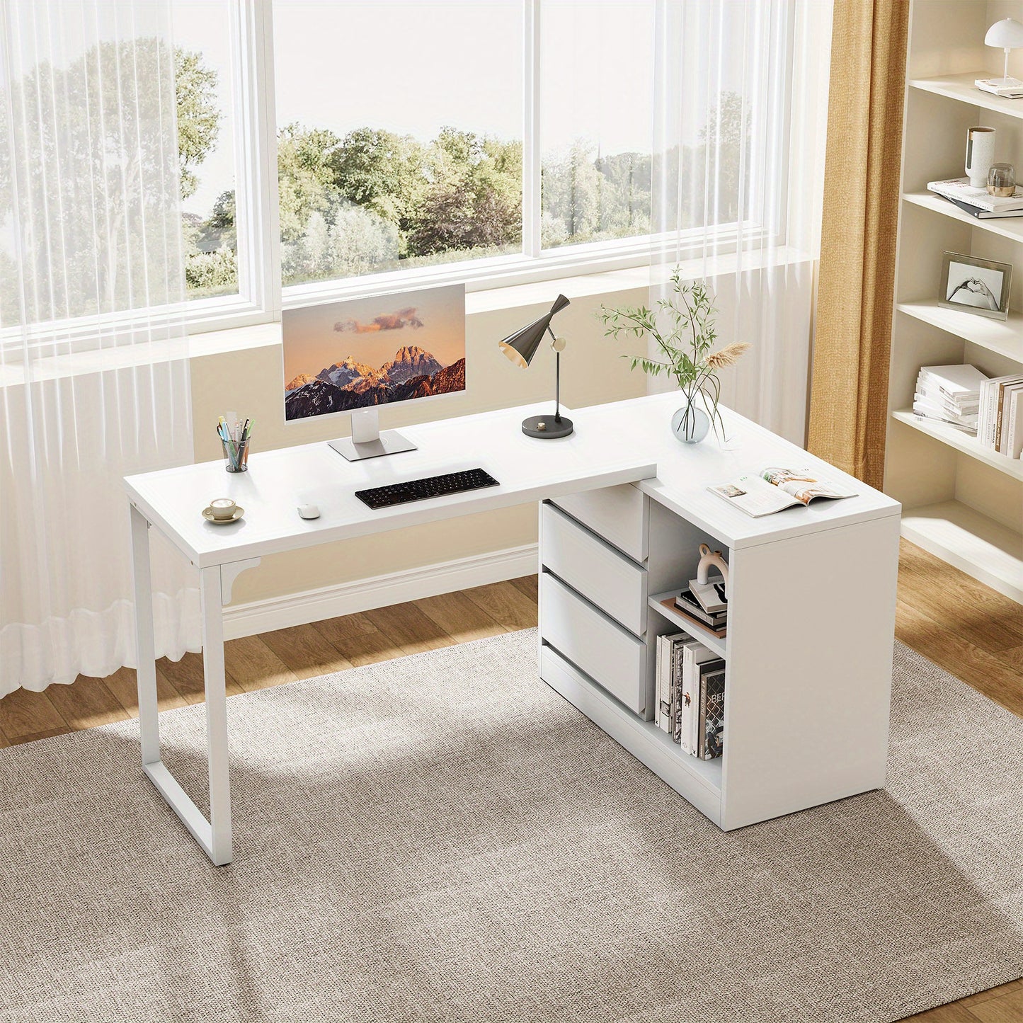 Make-up Tafel – Kaptafel – Visagie Tafel – Dressing Table – Vanity Desk – Wit – 3 Lades & 2 Planken – Ruimtebesparend Hoekontwerp