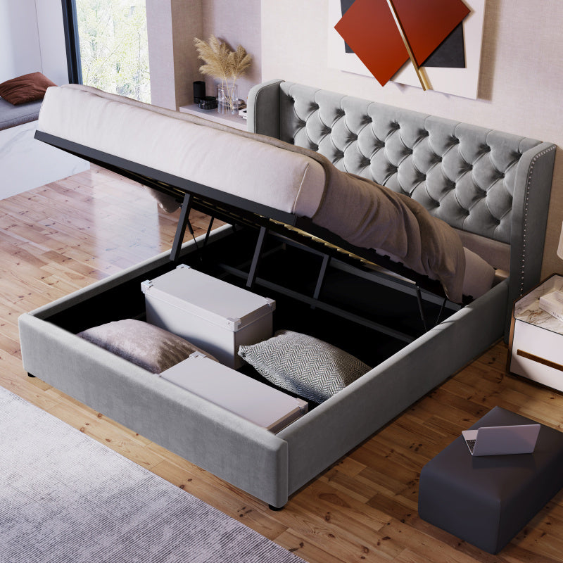 Packaged bed in the shape of a velvet double bed 140190 Hydraulic functional bed with slatted base and gray storage space