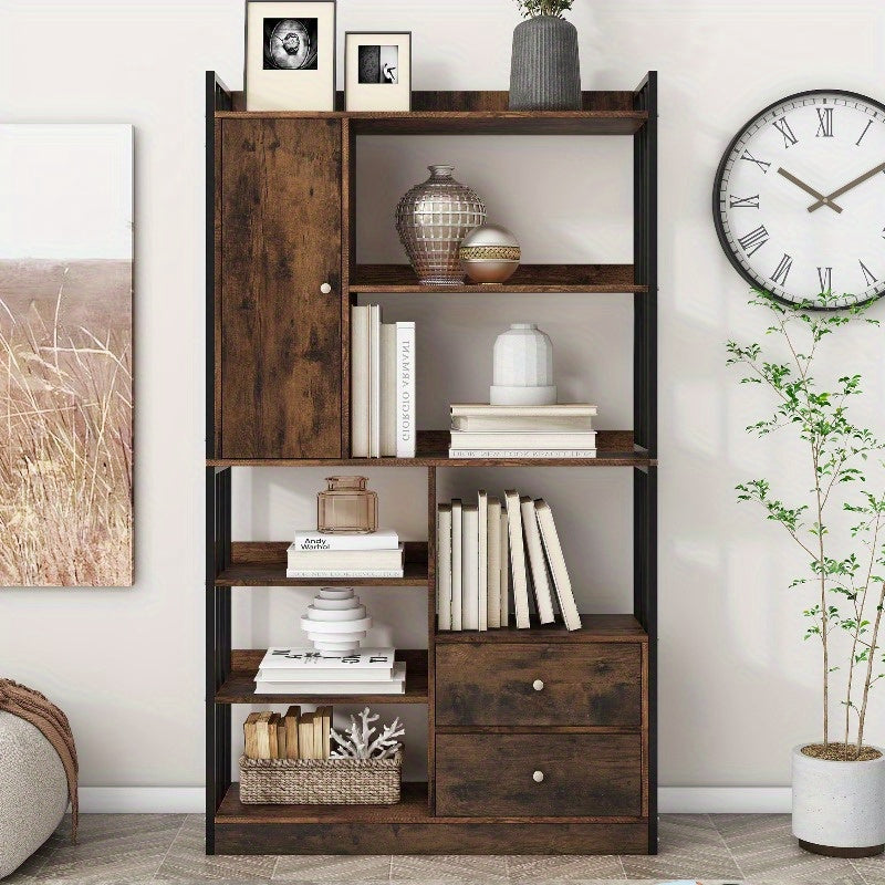 Boekenkast – Boekenrek – Opbergkast – Vakkenkast – Stellingkast – Industrieel Design – 6 Planken Met Deuren En Lades – Stalen Antiek Bruine Afwerking – Vloer Tot Plafond Hoogte