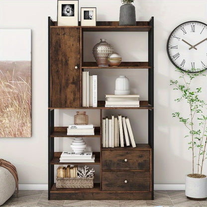 Boekenkast – Boekenrek – Opbergkast – Vakkenkast – Stellingkast – Industrieel Design – 6 Planken Met Deuren En Lades – Stalen Antiek Bruine Afwerking – Vloer Tot Plafond Hoogte