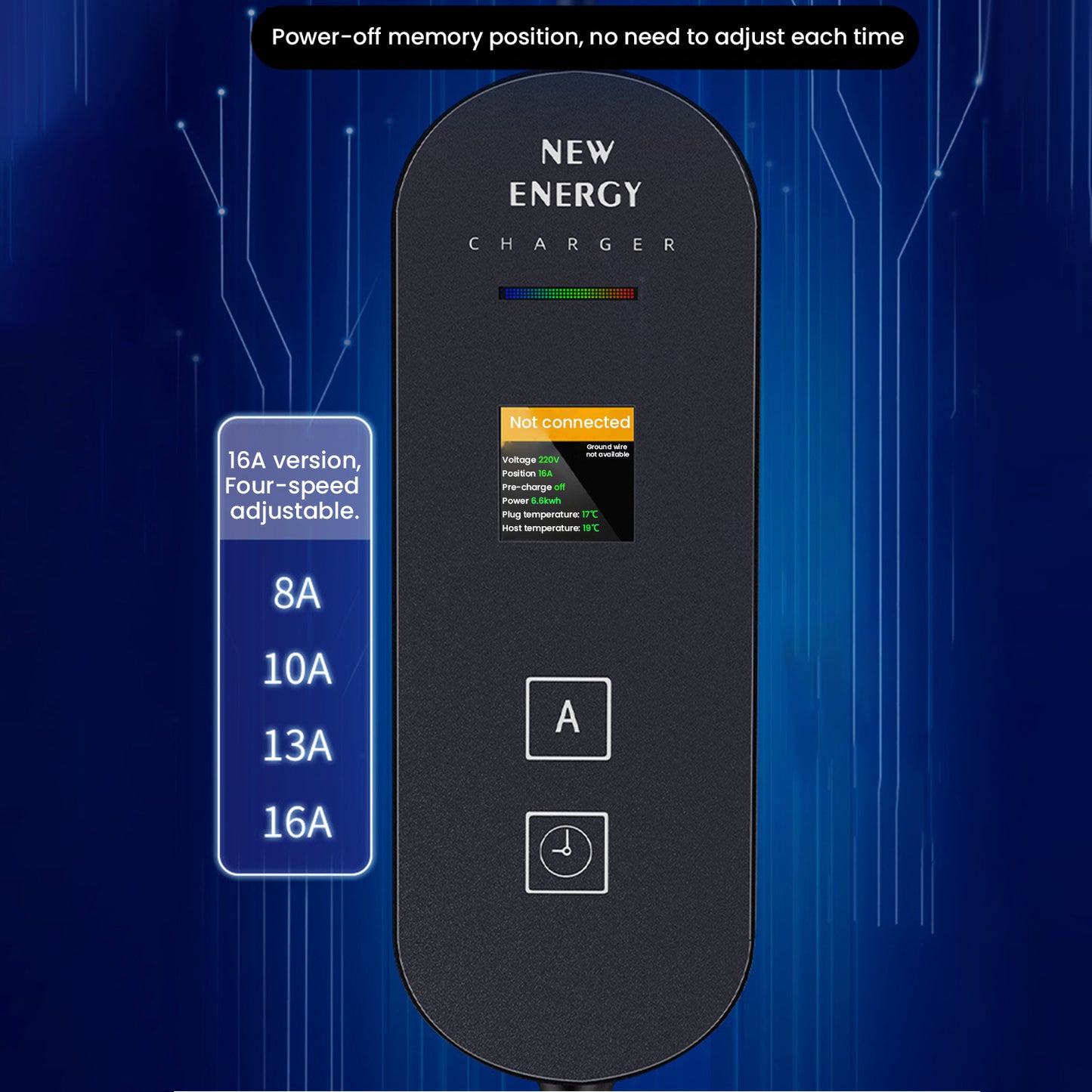 EV Laadpaal – EV Lader – Elektrische Oplader – Mobiele Lader – Laadstation – 3,6 kW Vermogen – Verstelbare Laadstroom 8-16A – LED Display – 5 Meter Kabel
