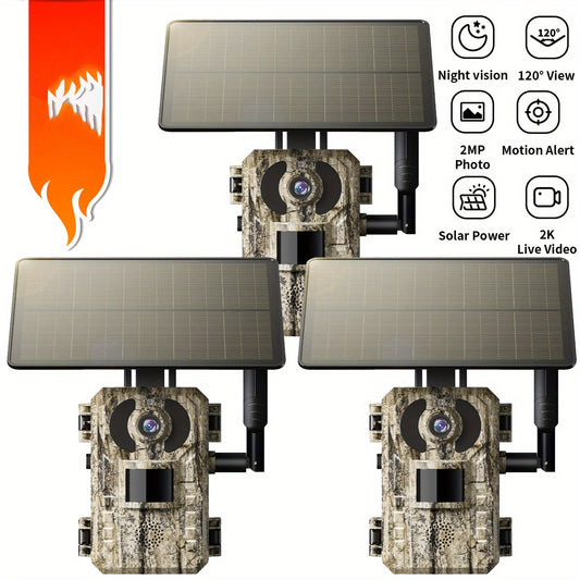 4G Wildcamera – Zonne Wildcamera – Buitenbeveiliging – Natuurcamera – 2.7K Video – Nachtzicht – Bewegingssensor - set van 3 Stuks