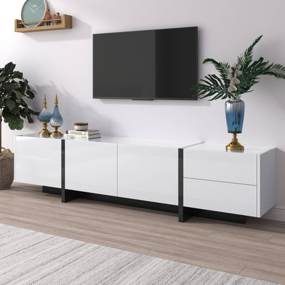 Tv-meubel – Tv-kast – Lowboard – Dressoir – Meubel – Hoogglans Wit Met Mat Zwarte Poot – 190 cm Breed Met 3 Deuren En 2 Lades