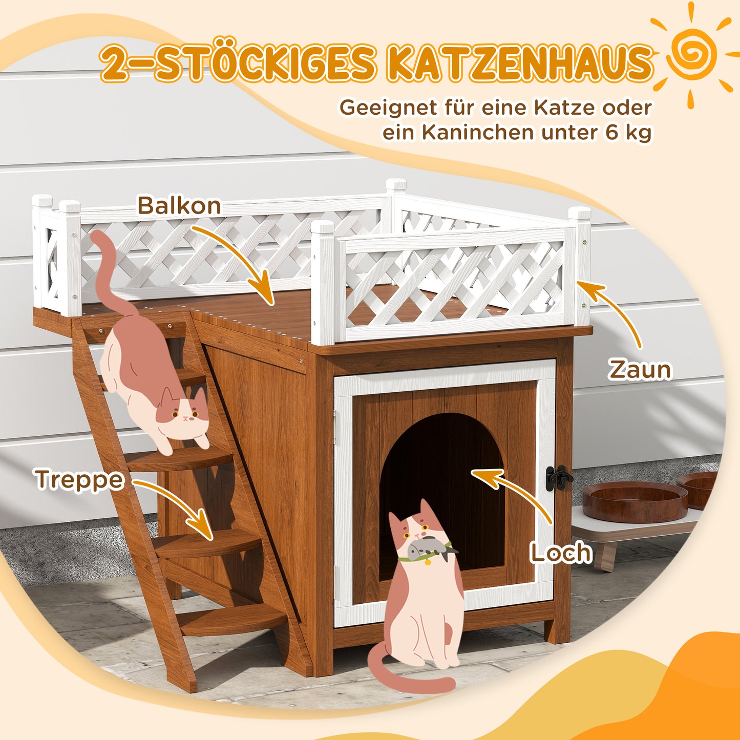 Tweeverdiepingen Kattenhuis – Kattenhut – Kattenverblijf – Kattenren – Konijnenhuis – Bruin – Duurzaam Dennenhout – Veilig Balkon Met Trapjes