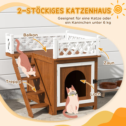 Tweeverdiepingen Kattenhuis – Kattenhut – Kattenverblijf – Kattenren – Konijnenhuis – Bruin – Duurzaam Dennenhout – Veilig Balkon Met Trapjes