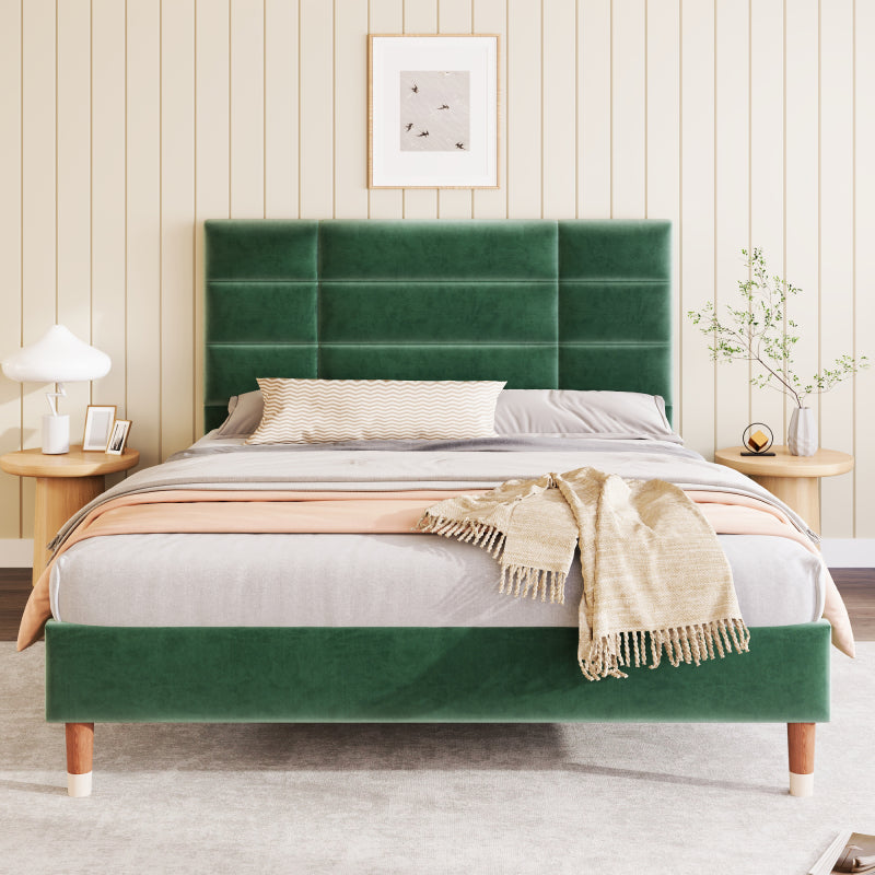 Double Bed with Slatted Frame - Dark Green Upholstered Headboard, Sturdy No-Assembly Bed Frame, Heavy-Duty Construction for Adults & Teens - Mattress Not Included - Ideal for Modern, Headboard Cover For Bed Padded, Headboard