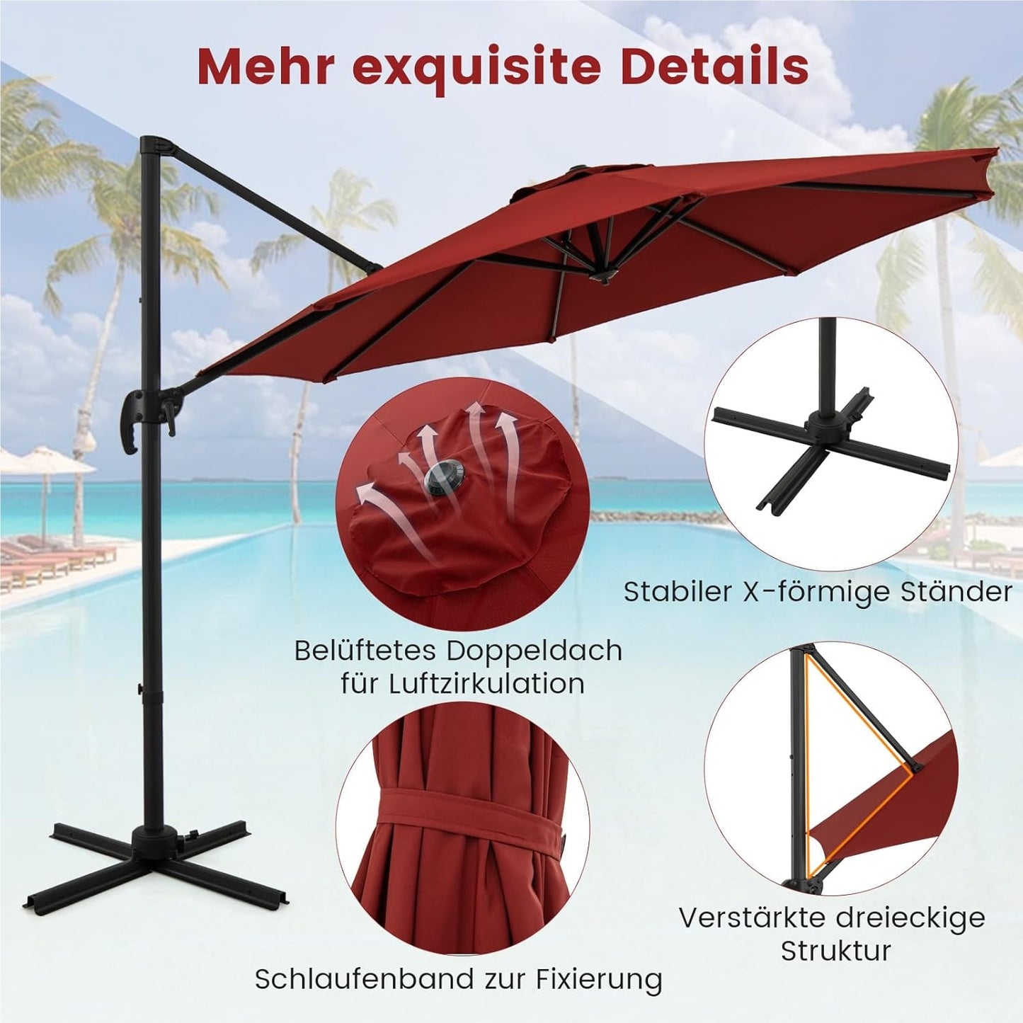 Parasol – Zweefparasol – Stokparasol – Tuinparasol – Marktparasol – Ø 300 cm – Kantelbaar en 360° Draaibaar – Rood Polyester