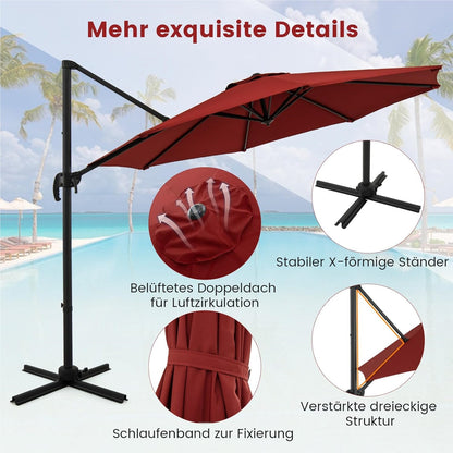 Parasol – Zweefparasol – Stokparasol – Tuinparasol – Marktparasol – Ø 300 cm – Kantelbaar en 360° Draaibaar – Rood Polyester