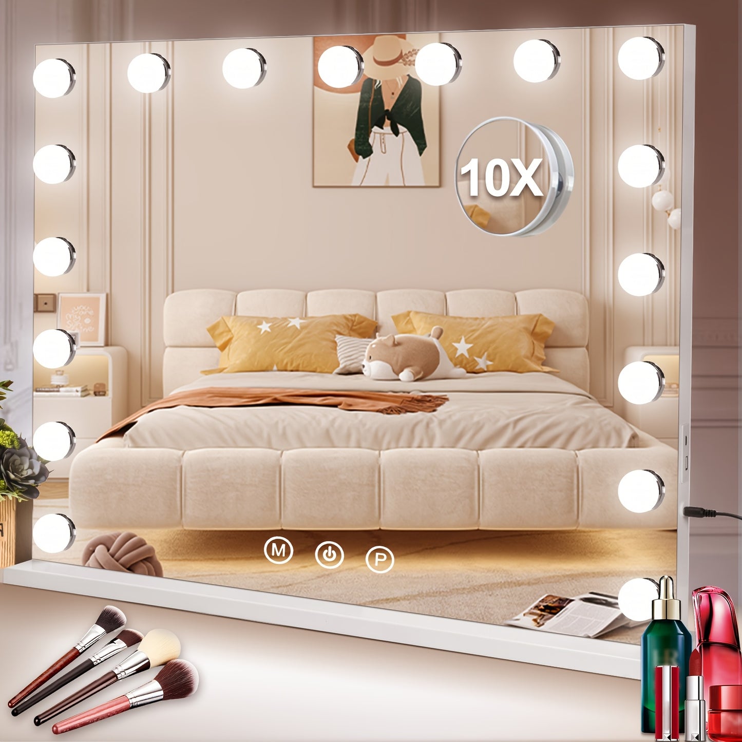 Hollywood Make-up Spiegel – Make-up Spiegel Met Lampen – Schminkspiegel – Beauty Spiegel – Tischspiegel – 17 Dimbare LED Lampen – 80x60 cm Met USB Oplaadfunctie – 10x Vergrotende Spiegel – Wit