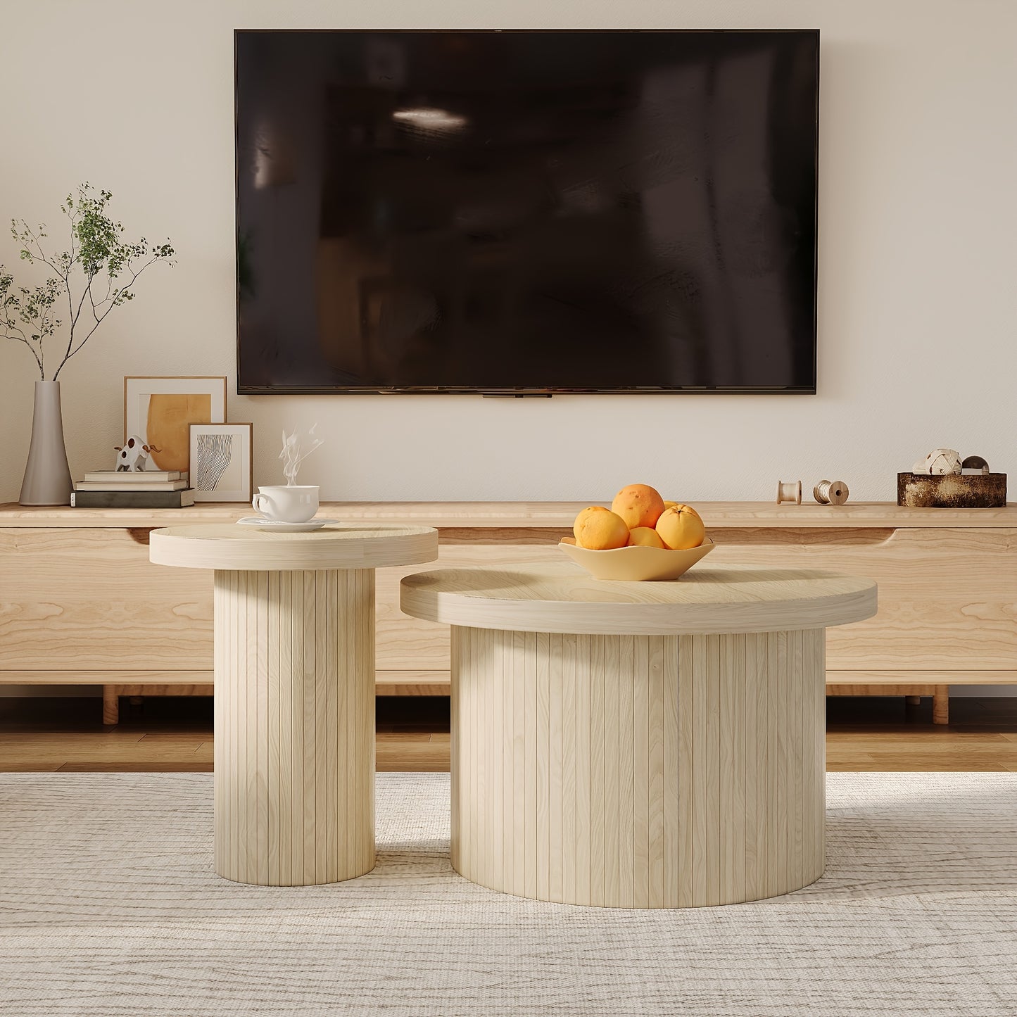 Salontafel – Dubbele Tafel – Ronde Koffietafel – Bijzettafel – Woonkamertafel – Natuurlijk Hout – Met Houten Lamellen – Multifunctioneel