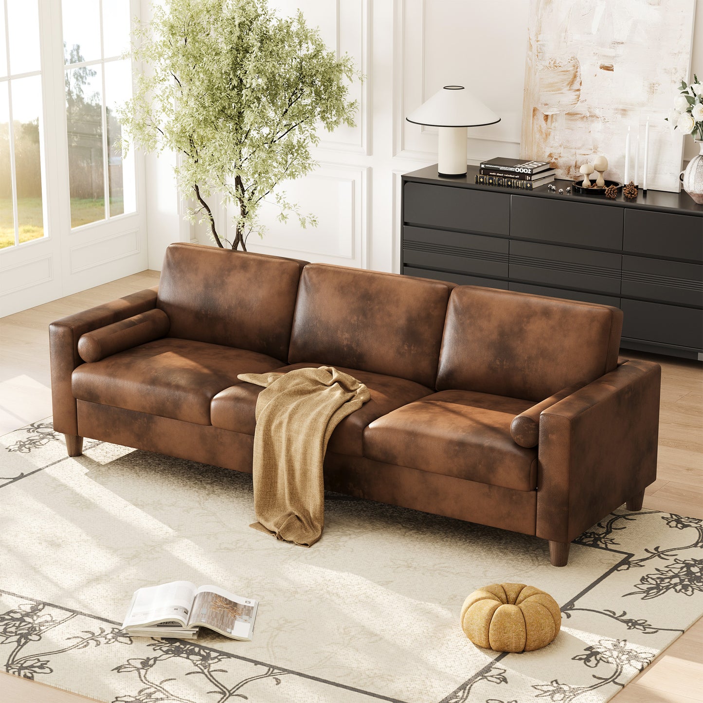 Modern 3-Seater Sofa Couch with Thick PU Leather Cushions & Pillows - -Assembly Wide, Sturdy Frame Suitable for Living Room, Bedroom, Office - Spacious Contemporary Sofa for Families & for While Back (Assembly Required)