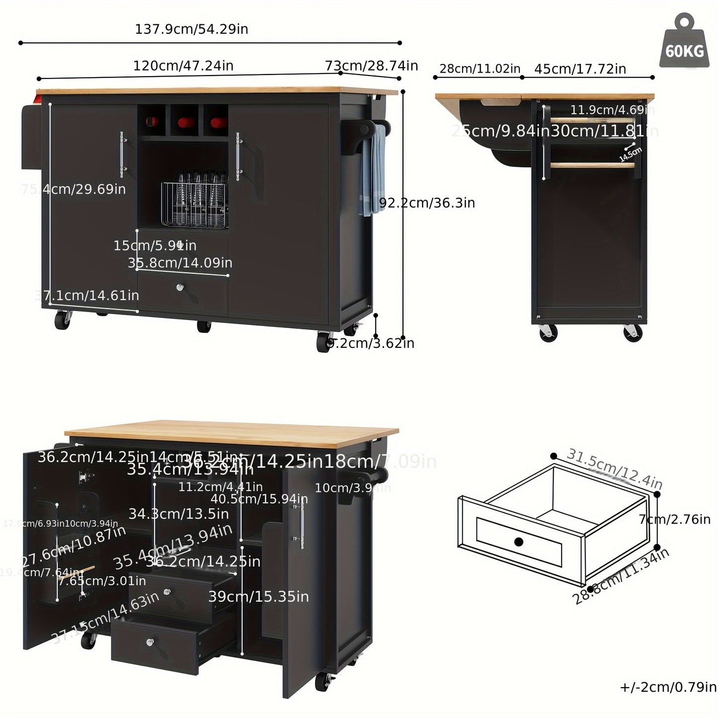 All-in-One Kitchen Island Buffet Cabinet with Folding Worktop, Heavy-Duty Non-Wood Construction, Adjustable Shelves, Wine Rack (Holds 4 Bottles), Door Shelf, Towel Rack - Space-Saving Mobile Kitchen Trolley for Small Kitchens