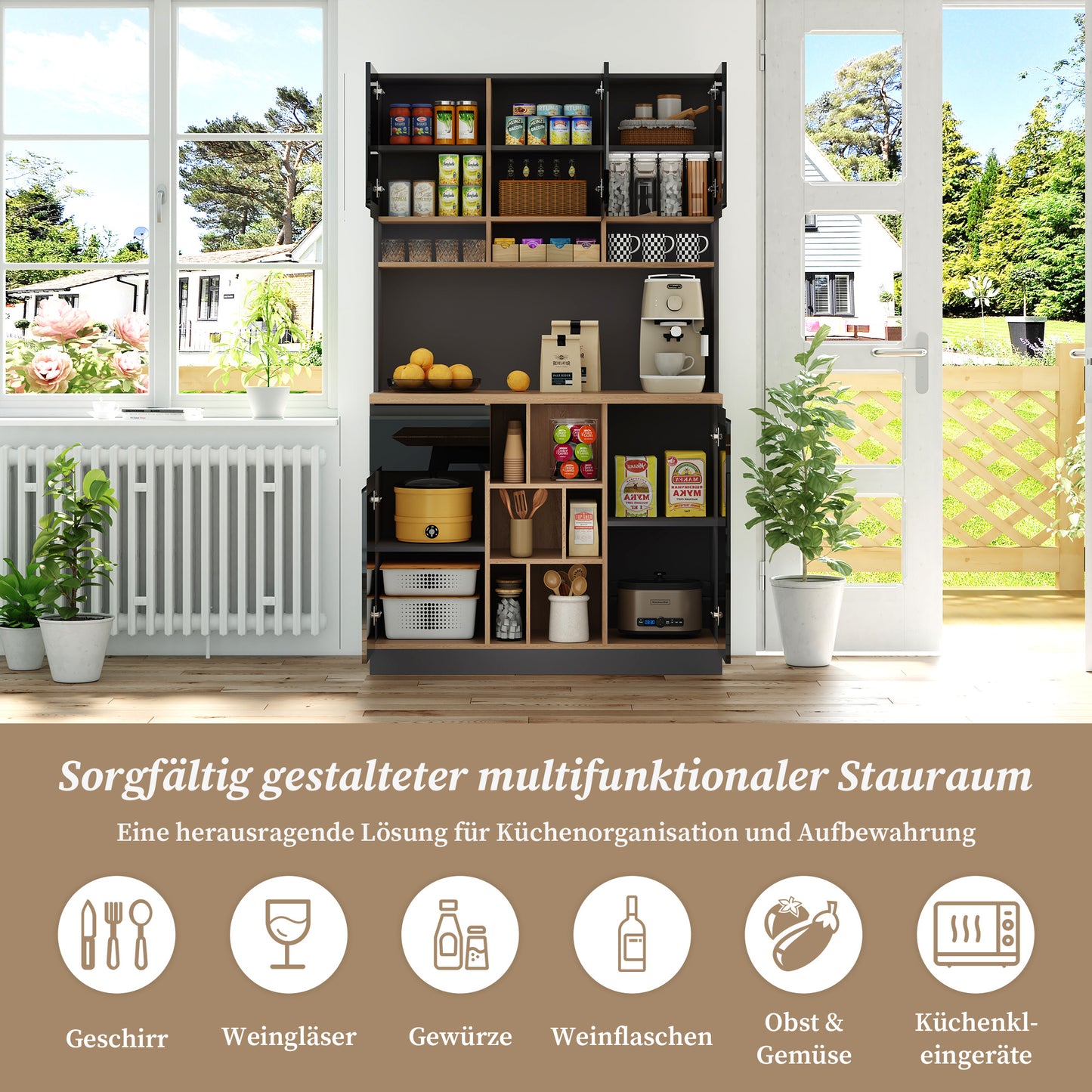 Keukenkastje – Buffetkast – Dressoir – Opbergkast – Hoge Kast –  Zwart – 185 cm Hoog – 3 cm MDF Werkblad Met Houtlook