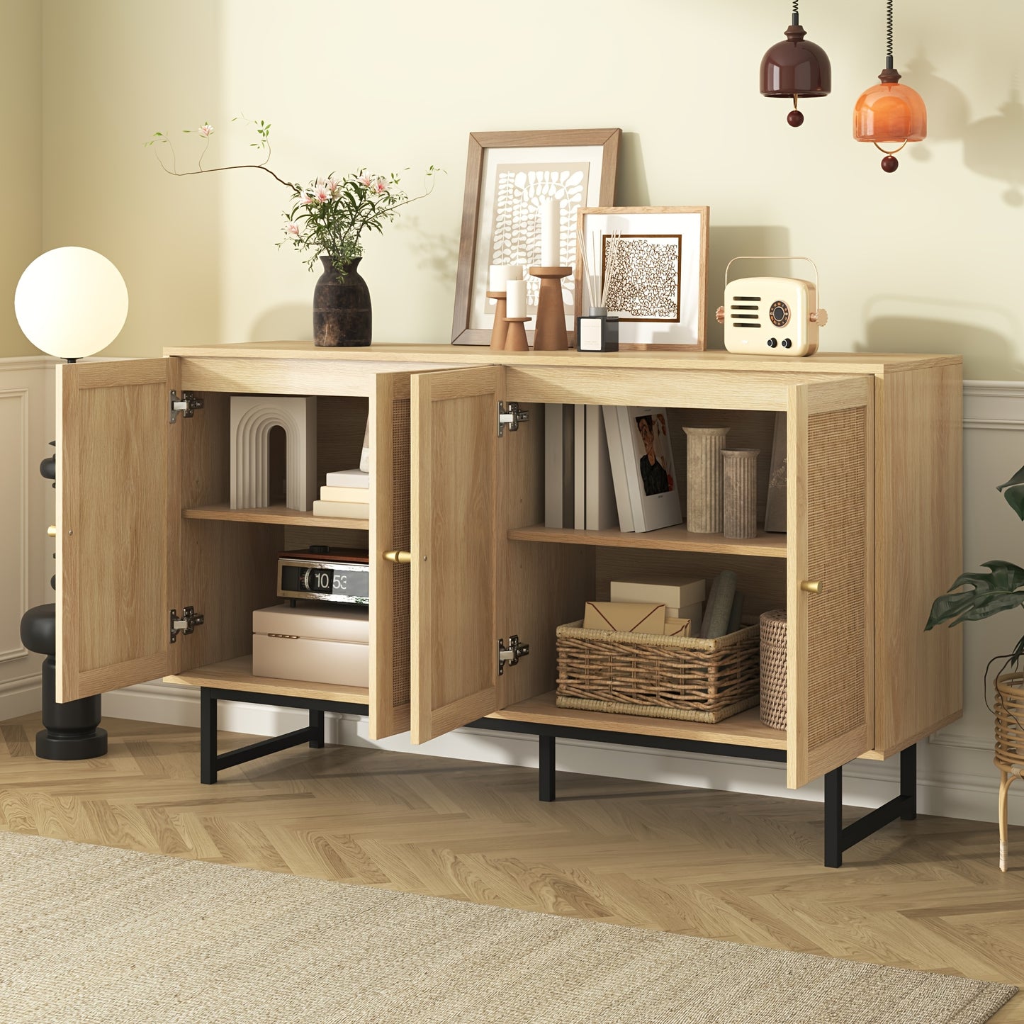 Dressoir – Dressoirs – Opbergkast – Ladekast – Wandkast – 140x39,5x80 cm – Echt Rotan En Hout – Ruime 4-Deurs Kast