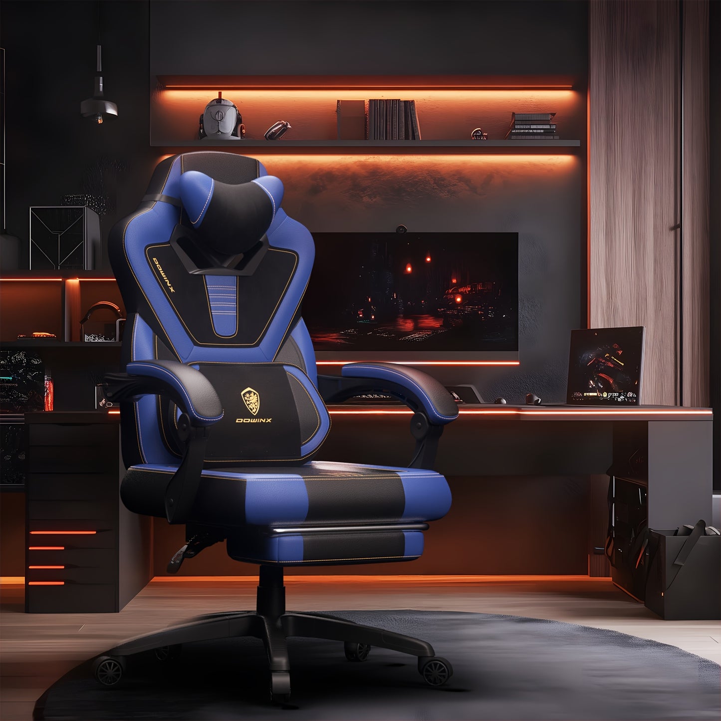 Gamingstoel – Bureaustoel – Gamestoel – Computerstoel – Stoel met Voetensteun – Verstelbare Hoofdsteun & Armleuningen – Stevig Legeringsstaal Frame – Zwart-Blauw Kunstleer