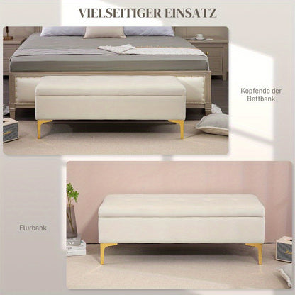 Opbergbankje – Zitbank – Opbergkist – Halbank – Poef – Beige Gestoffeerd – Met Opbergruimte – 120x44x44,5 cm – Met Goudkleurige Metalen Poten