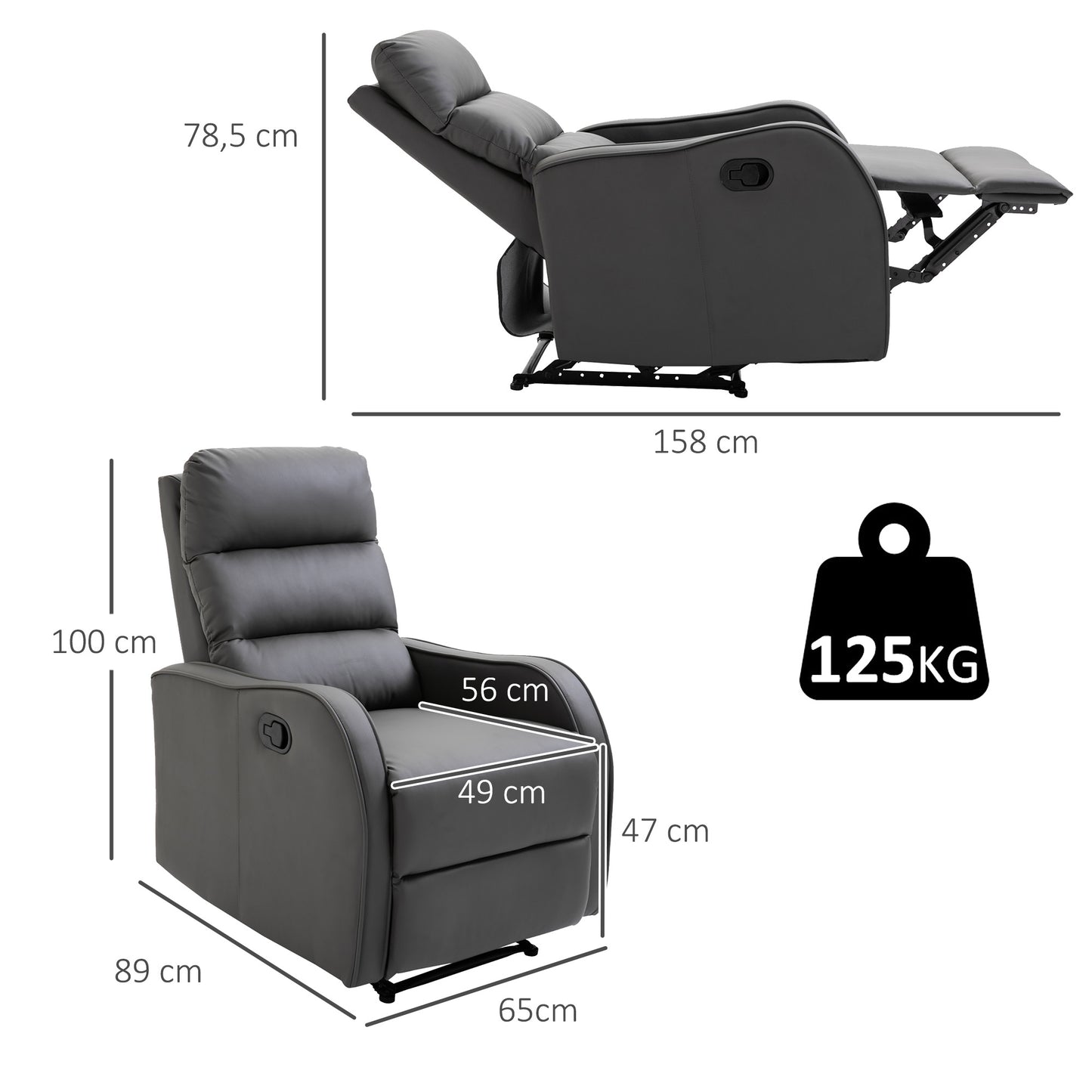 Relaxfauteuil – Recliner – Fauteuil – Tv-stoel – Leunstoel – Donkergrijs – Verstelbare Rugleuning 160° – Kunstleer Bekleding