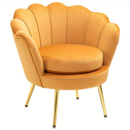 Shell Shape Fauteuil – Loungestoel – Accentstoel – Make-up Kruk – Zitstoel – Gele Velours Bekleding – Metalen Poten – Compact Design