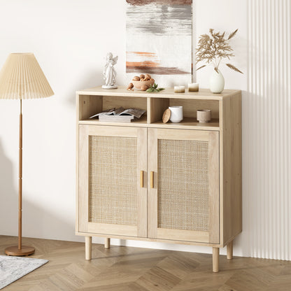 91.44cm Modern Boho Rattan Sideboard Cabinet - Wood & Wicker -Standing Buffet with 2-Door Storage, TV Stand & Coffee Bar, Shelf Suitable for Dining Room, Kitchen & Entryway - Assembly Required
