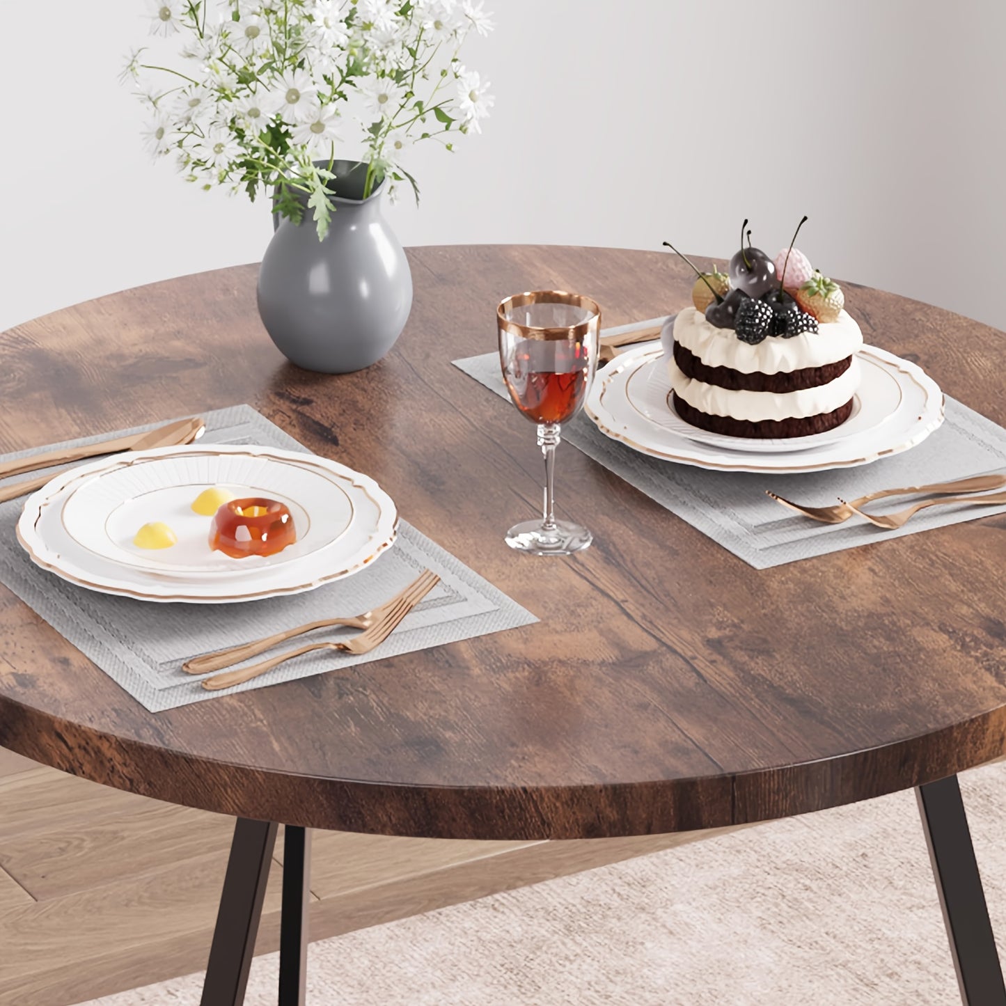 Ronde Eettafelset 2 Personen – Eettafel Rond – Tafel Met Stoelen – Compacte Eettafel – Kleine Eettafelset – Houtlook Tafelblad – Zwart Metalen Onderstel – Ruimtebesparend Ontwerp – Comfortabele Beklede Stoelen