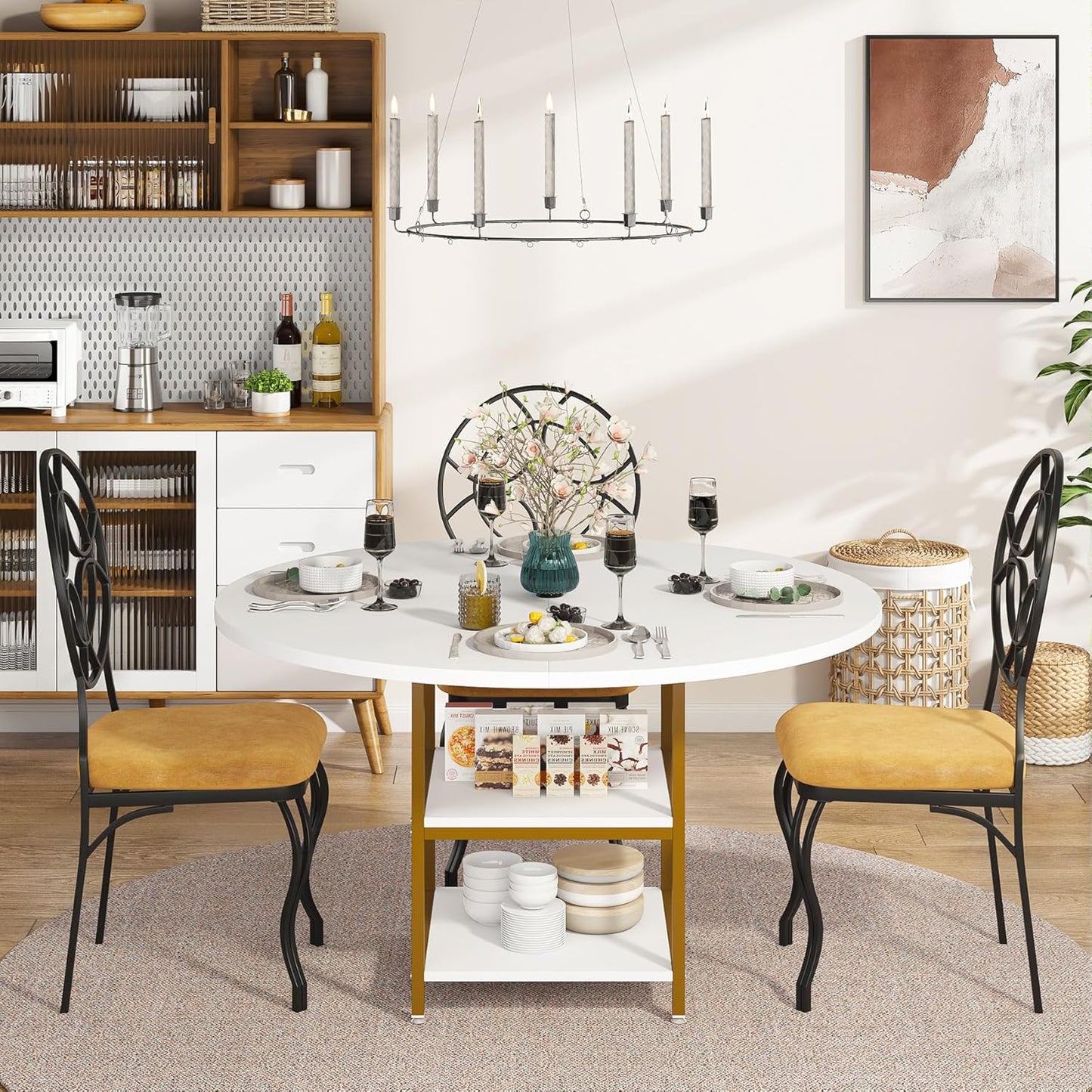 Ronde Eettafel – Ronde Tafel – Eetkamertafel – Keukentafel – Bistrotafel – Industrieel Design – 120 cm Diameter – Houten Tafelblad Met Opbergrek – Wit Goud