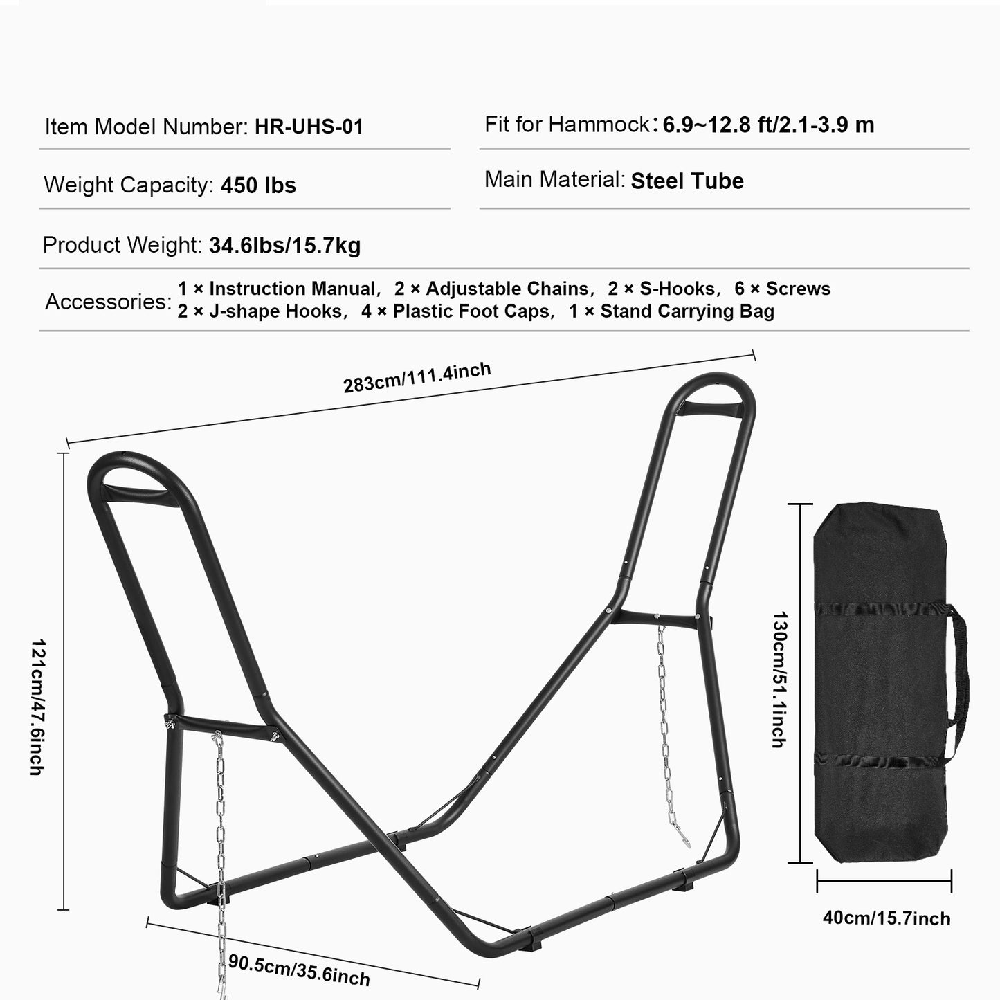 Hangmatstandaard – Hangmat Frame – Staander Voor Hangmat – Stevig Stalen Frame – 110 Inch Variant – Geschikt Voor 2,1-3,9 Meter Hangmatten – Max. Draagkracht 204 kg – Weerbestendig Poedercoating