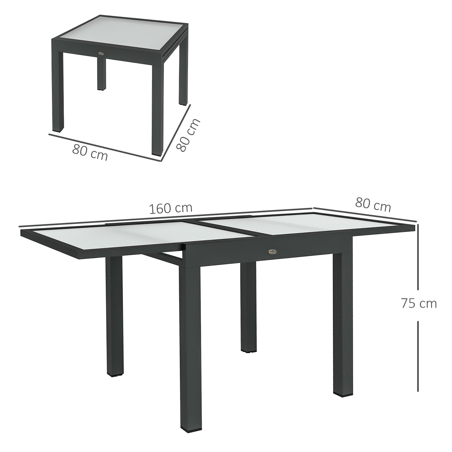 Tuintafel – Uitklapbare Tafel – Uitschuiftafel – Eettafel Buiten – Aluminium Tuinmeubel – Zwart Getemperd Glas – 160x80x75 cm – Weerbestendig Epoxy Frame