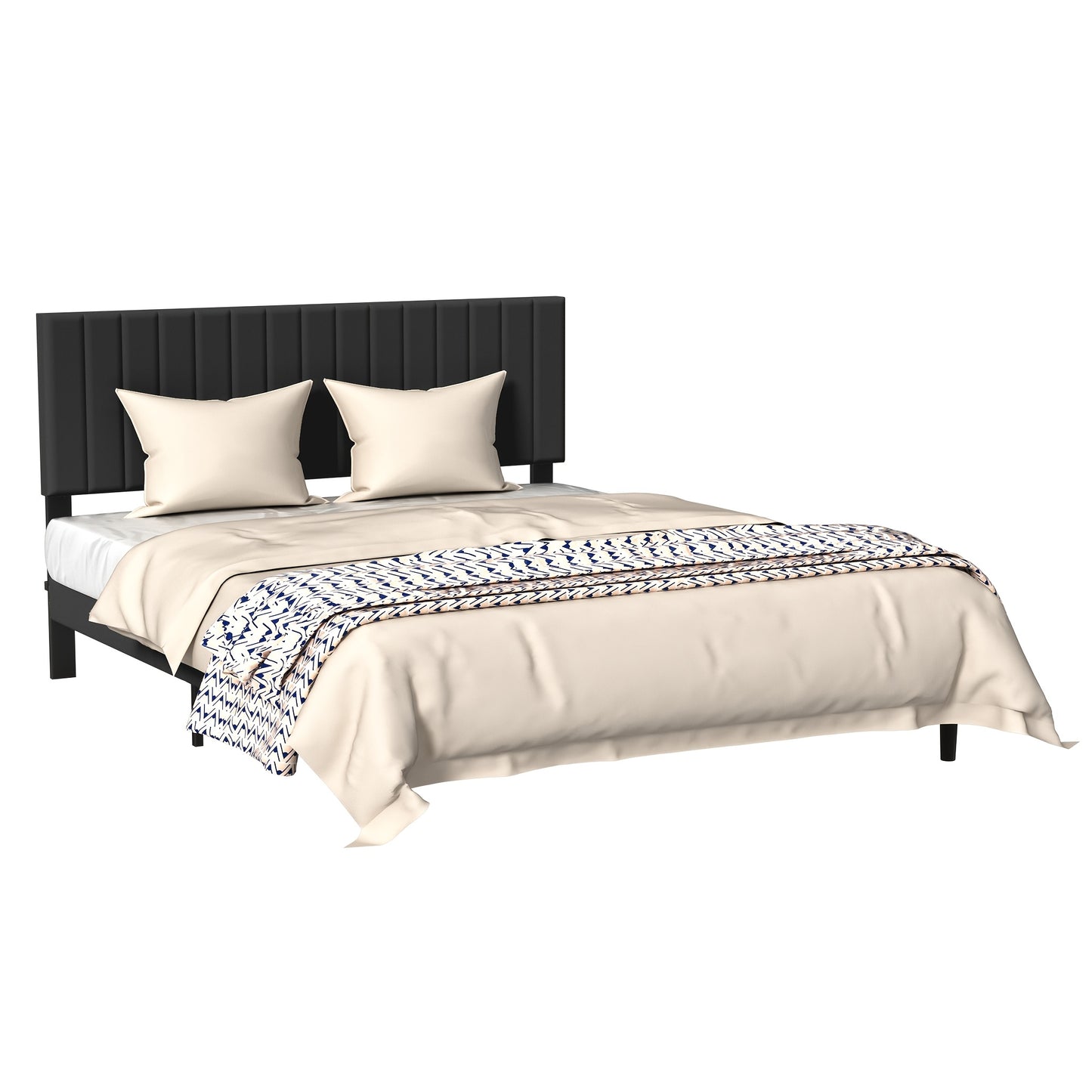 Hoofdeinde – Bedpaneel – Bedwand – Bedframe – Slaapkamerdecoratie – Zwart/Beige – Lichtgewicht Stoffering – Metaalframe 140x200 cm