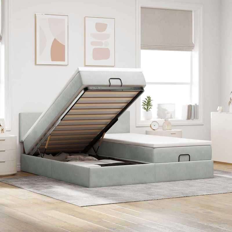 Bedframe – Bed – Bed Stevig – Slaapbed – Opbergbed – Lichtgrijs Velvet – 160x200 cm – Stevig Massief Hout – Ottoman Opbergruimte