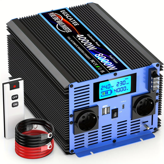 Power Inverter – Spanningsomvormer – Stroomomzetter – Omvormer 12V/24V – Zuivere Sinusgolf – 4000W Continu Vermogen – USB & Type-C Poorten – Overbelastingbescherming