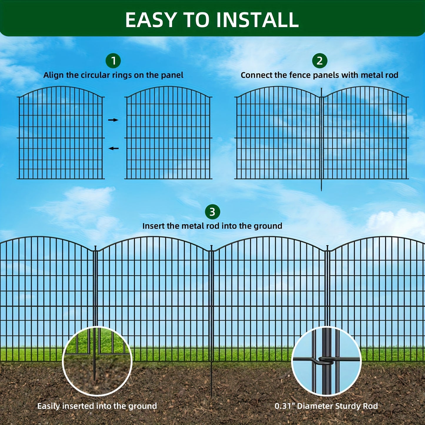 Rustproof Metal Outdoor Garden Fence with Black Frame & Clear Panel Design - Heavy-Duty 73.66x81.28 cm Tall Animal Barrier for Dogs, Rabbits, Landscape Edging & Patio - Easy Assembly with Stakes, Decorative Wire Mesh Fencing