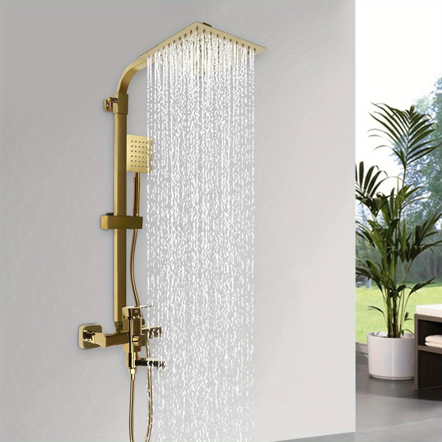Douche Systeem – Regendouche – Douche Set – Messing Kraan – Verstelbare Douchekolom – Gouden Afwerking – 20x20 cm Regendouche – 1,5 Meter RVS Slang