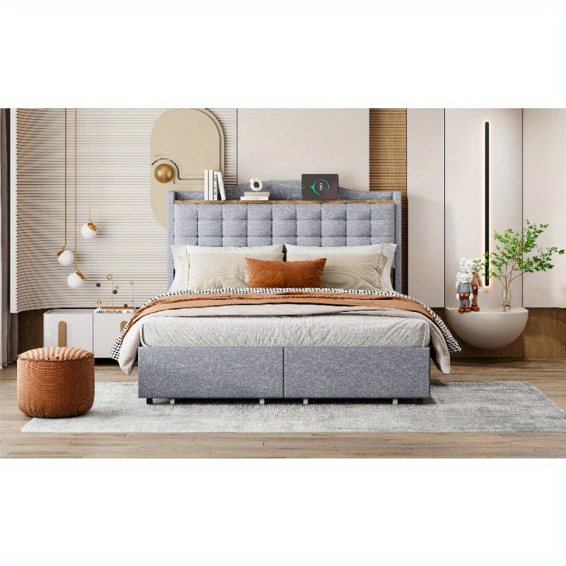 Bedframe – Bed – Bedombouw – Bedstel – Bedbodem – 140x200 cm – Duurzame Niet-Houten Constructie – Gestoffeerd Grijs Linnen