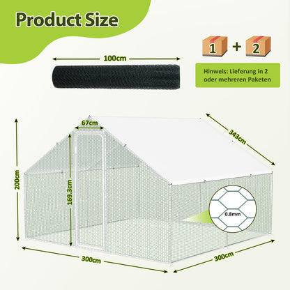 Buitenren Kippenren Konijnenren Dierenren Hokken – 300x600x200 cm – Gegalvaniseerd Stalen Frame – Weerbestendig Met PE-Zonwering