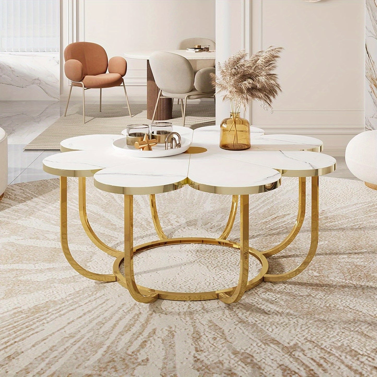 Salontafel – Tafel – Koffietafel – Bijzettafel – Lounge Tafel – Wit en Goud – Bloemvormig Kunstmarmeren Blad – Stevig Metalen Frame 100 cm
